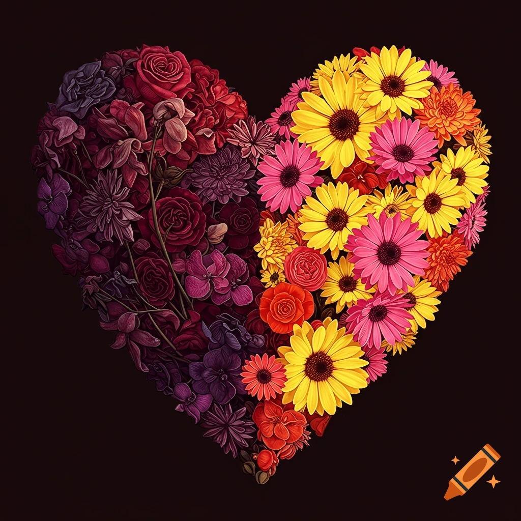 A heart shape made of flowers, with the left half dark and gothic and the right half colorful.