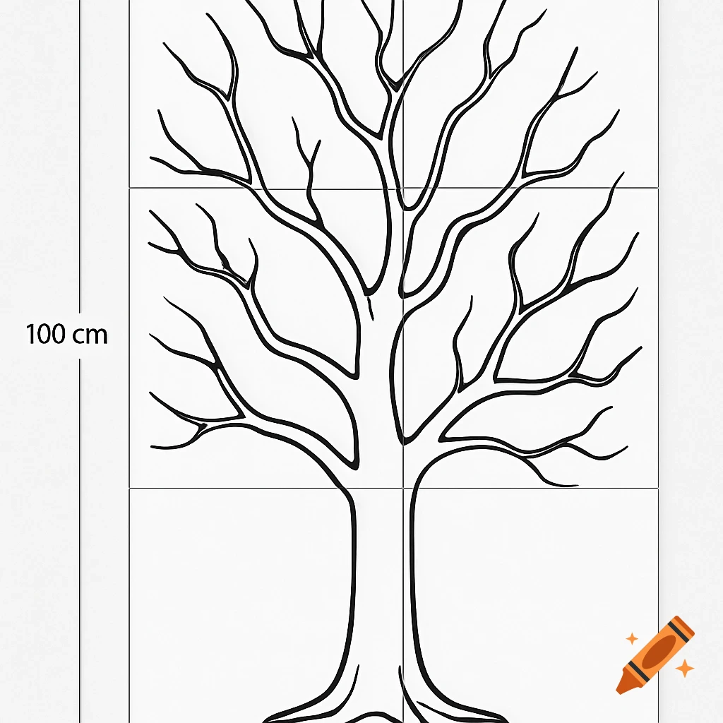 Black and white outline drawing of a bare tree with branches, labeled 100 cm tall.