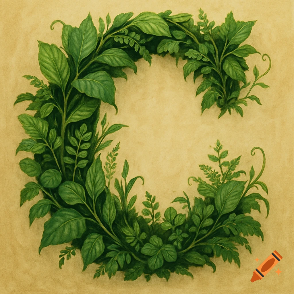 A wreath of green plants and leaves forms an uppercase letter C on a textured beige background.