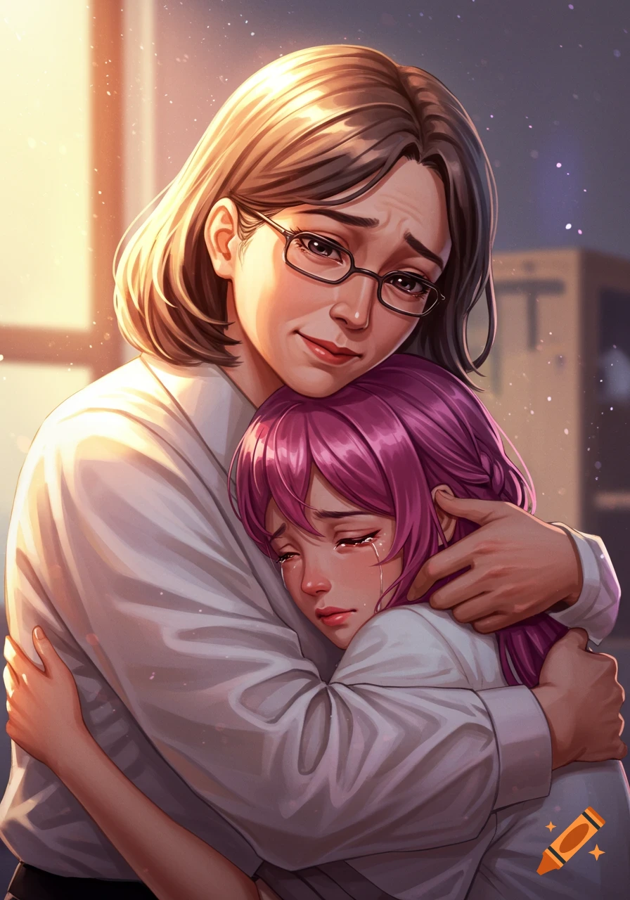 Illustration of a woman in glasses hugging a crying person with pink hair.