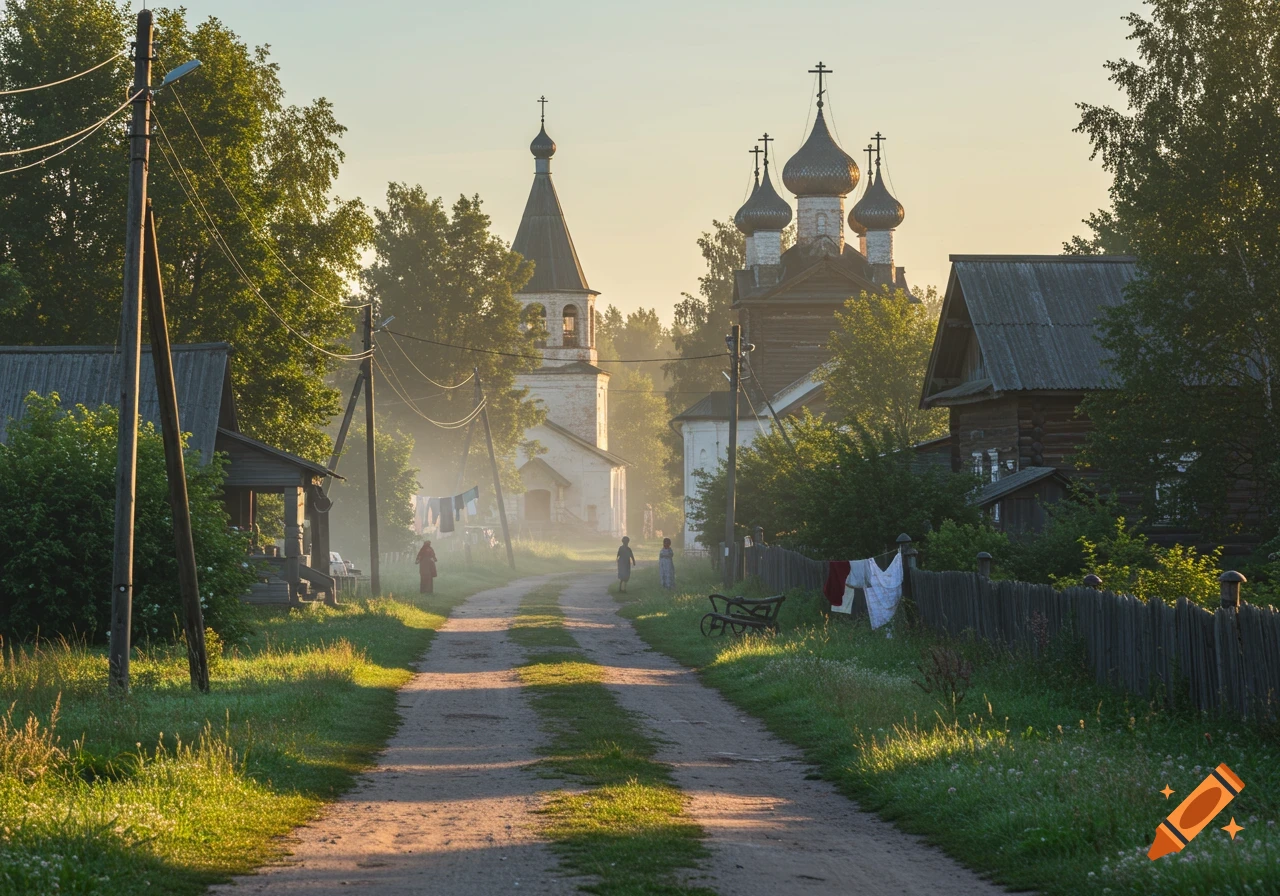 Dirt road through a sunlit Russian village towards a church with onion domes.