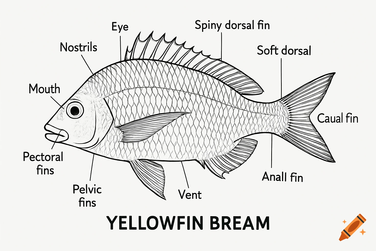 Black and white diagram of a yellowfin bream showing labeled anatomy