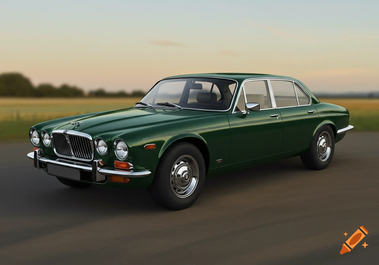 Green classic Jaguar sedan on a road with a blurred field and sunset sky