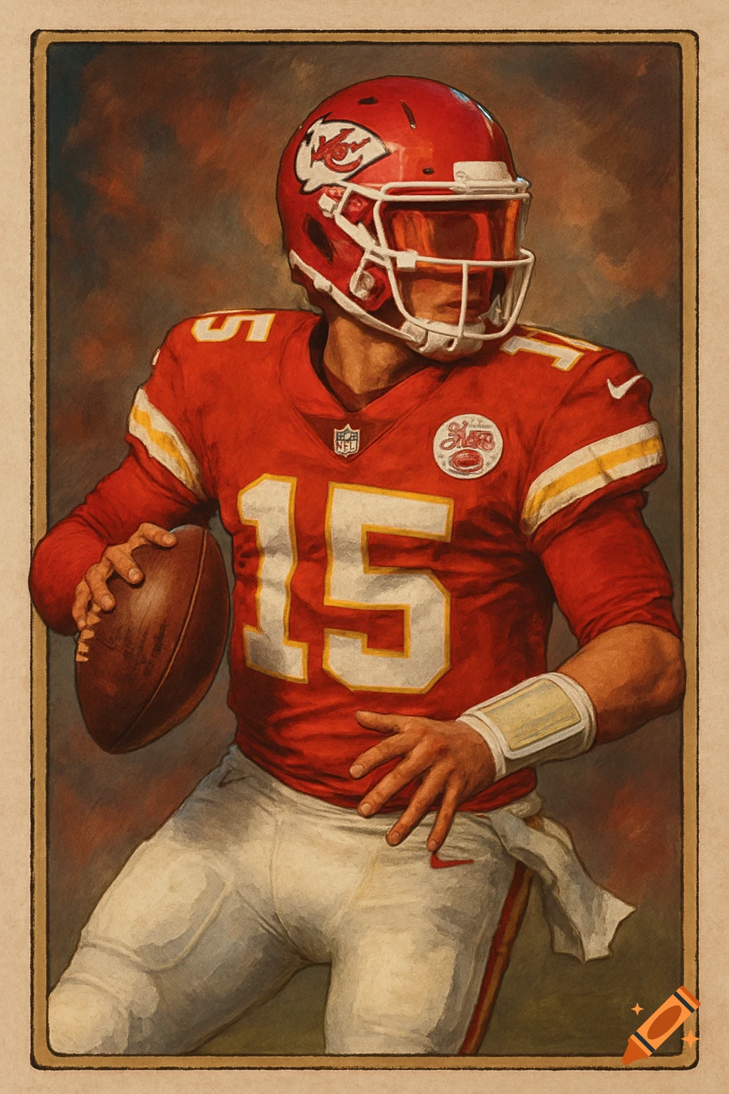 A painted portrait of a football player in a red and yellow Chiefs jersey with the number 15, holding a football, in a style resembling a trading card.