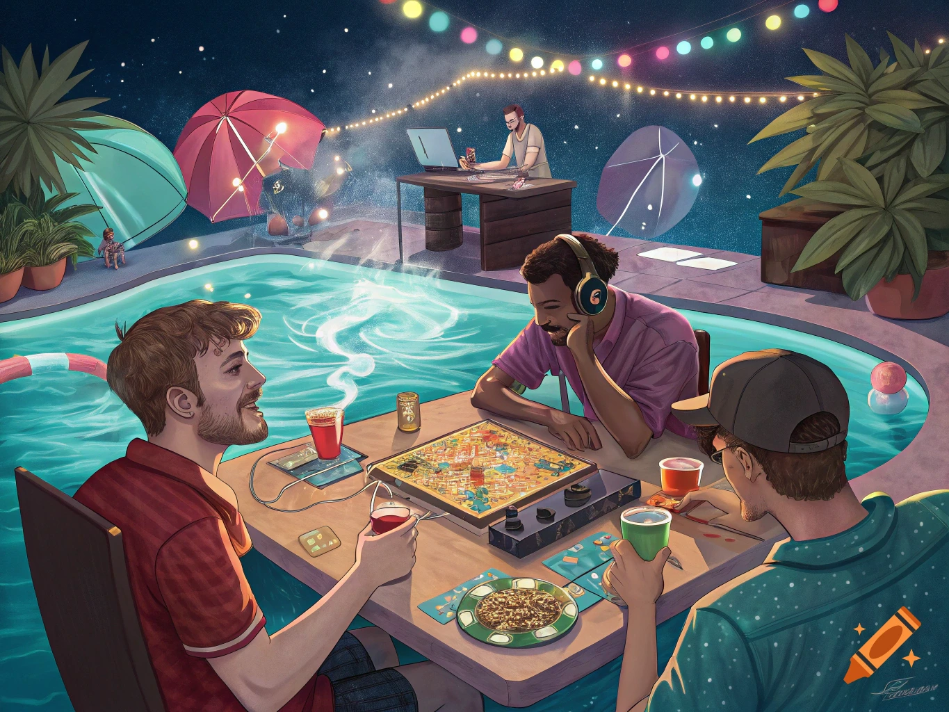 Friends playing a board game at night by a pool with string lights.