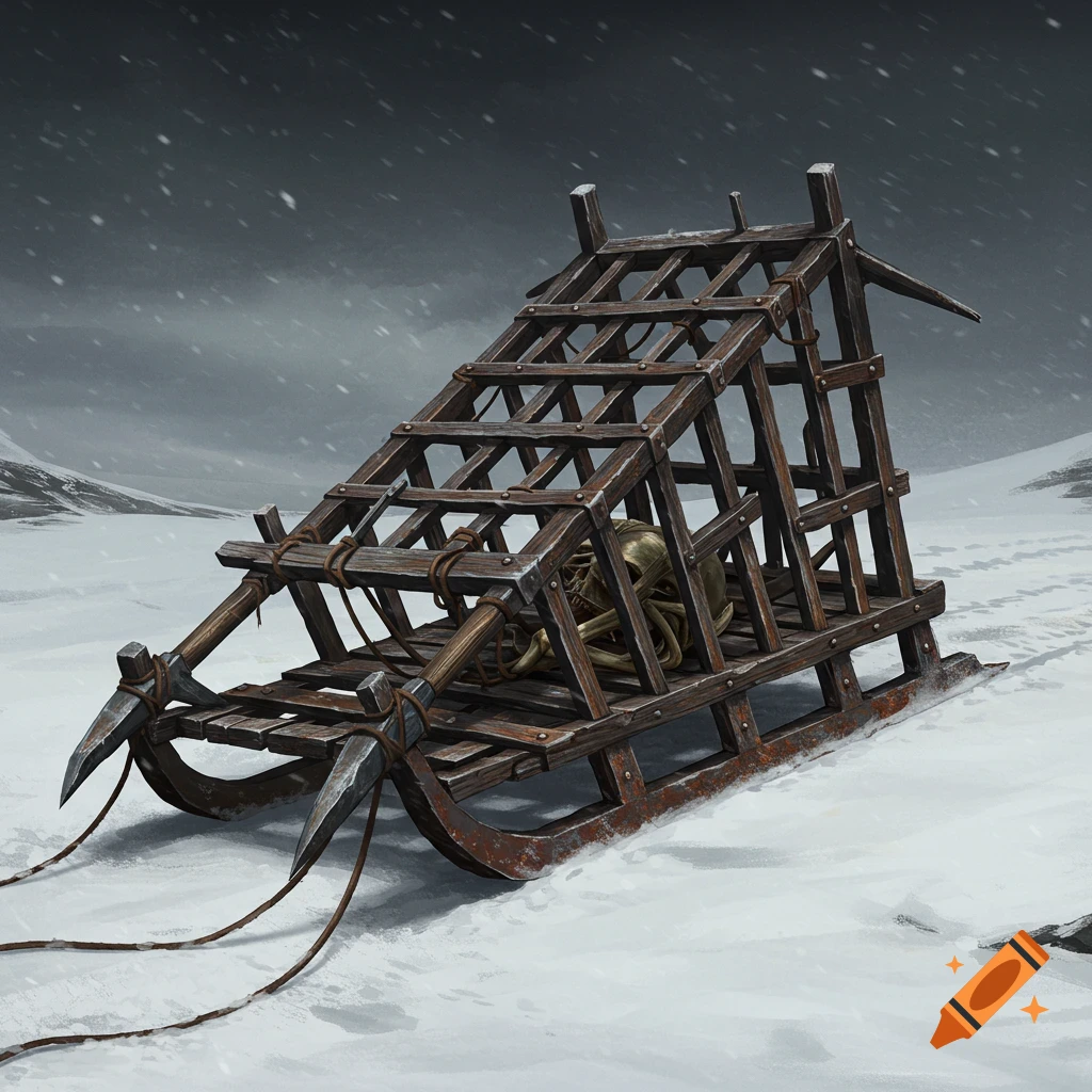 A gibbet cage laid on its side as a sled with mining picks attached, holding a skull and bones in a snowy landscape.