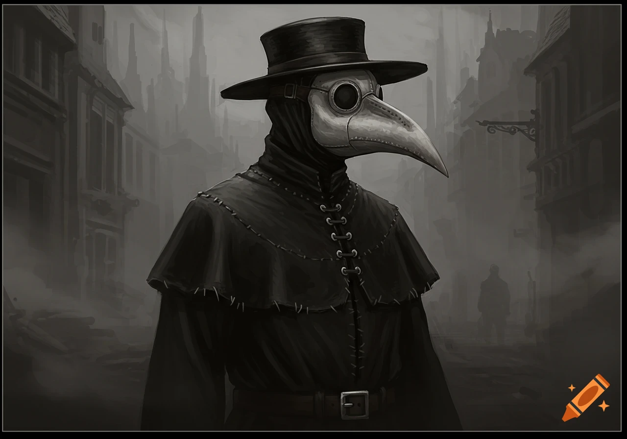A figure in a black plague doctor outfit stands in a gloomy street. on ...