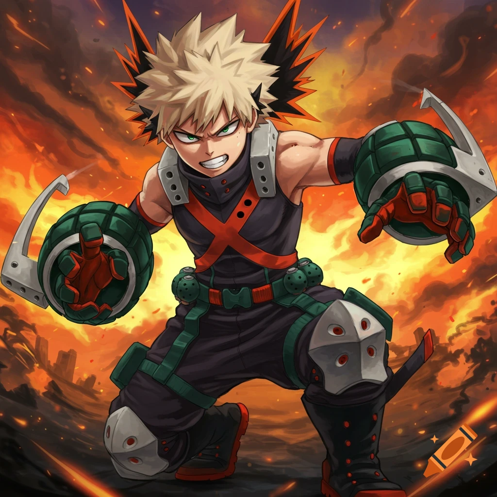 Bakugo in hero costume with gauntlets, in action pose against fiery background, anime style.
