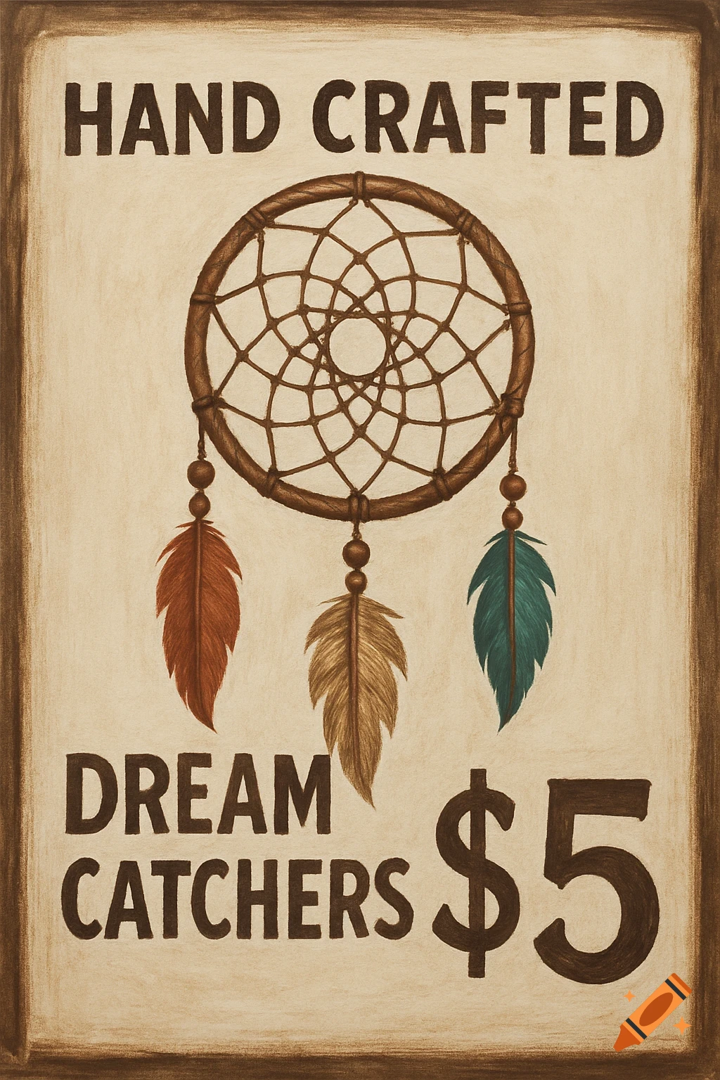 A painted sign advertising Hand Crafted Dream Catchers for $5, with a dream catcher illustration and feathers.