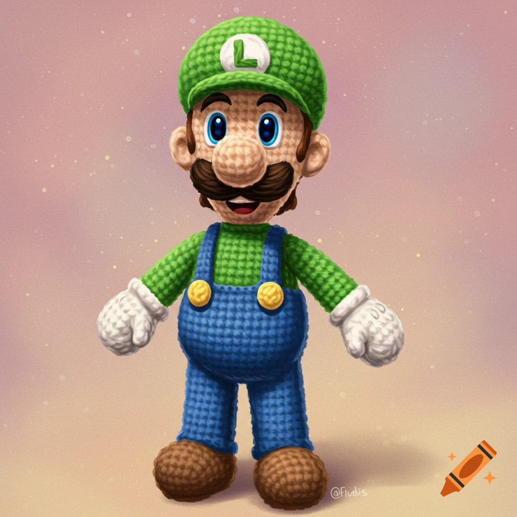 Crochet amigurumi doll of Luigi from Super Mario Bros.