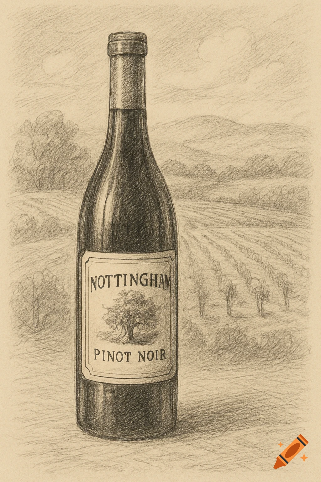 Pencil drawing of a wine bottle with a label in a vineyard.
