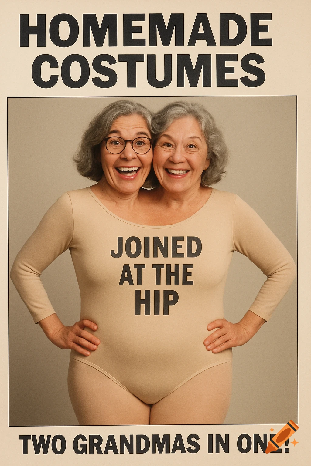 A poster showing two older women fused together in a leotard, with text 'Homemade Costumes', 'Joined at the Hip', and 'Two Grandmas in One!'.