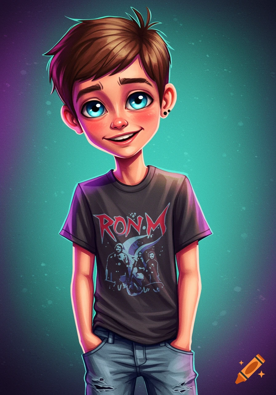 A stylized cartoon drawing of a young boy smiling, wearing a dark t-shirt with red text and image.