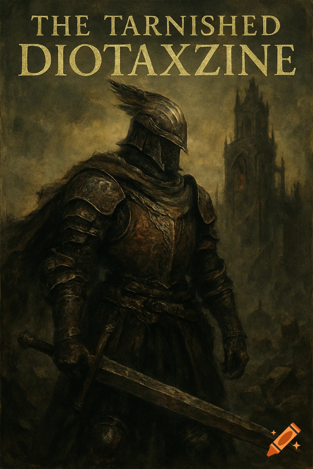 Dark fantasy knight in heavy armor with a sword stands before a ruined building