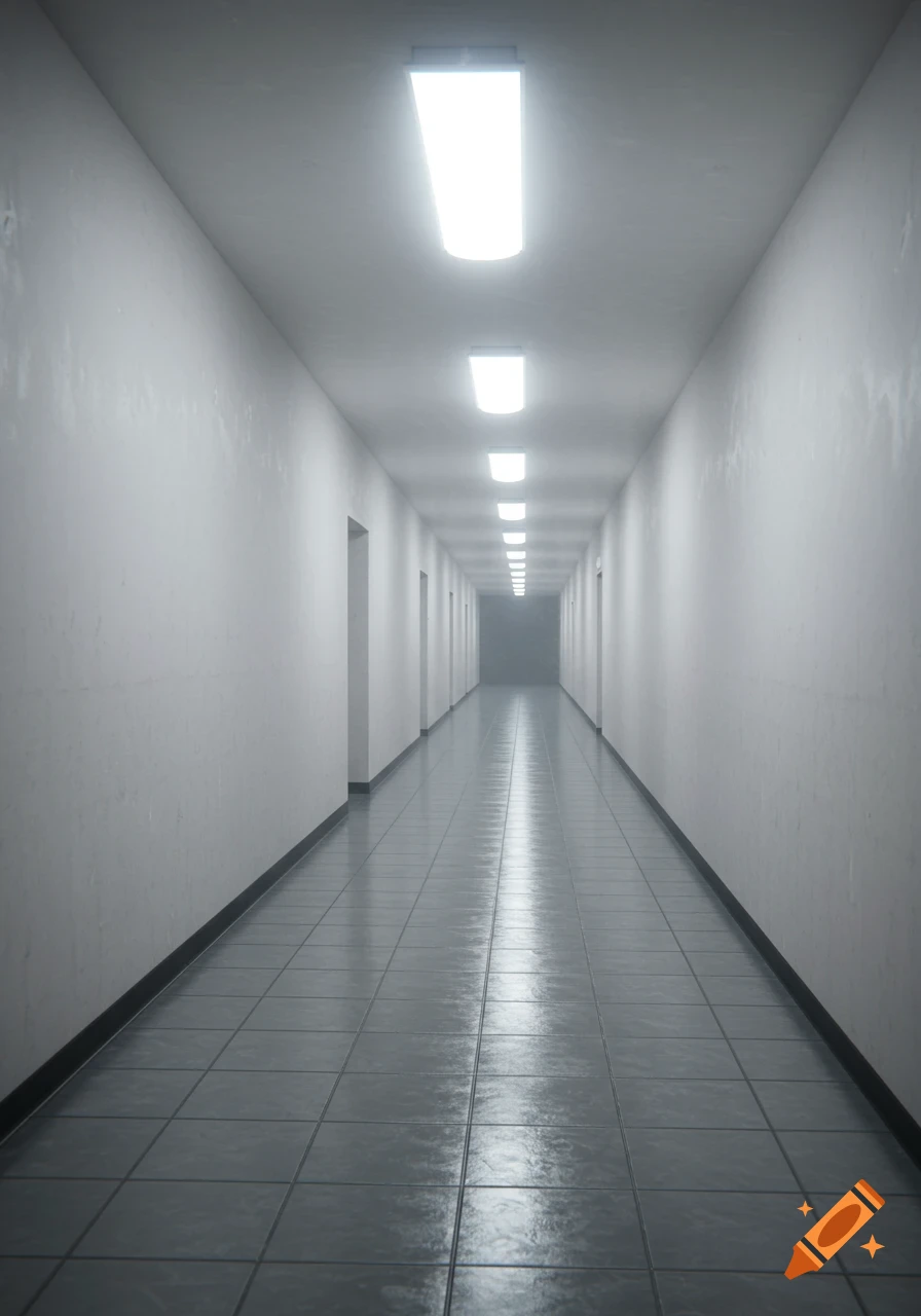 A long, empty hallway with stark white walls, bright overhead lights, and reflective tile floors.