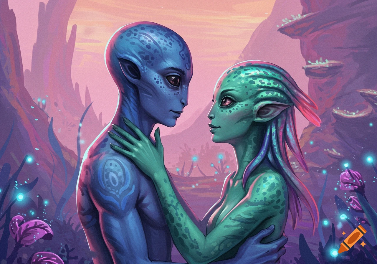 A blue alien and a green alien embrace in a glowing alien landscape, digital illustration.