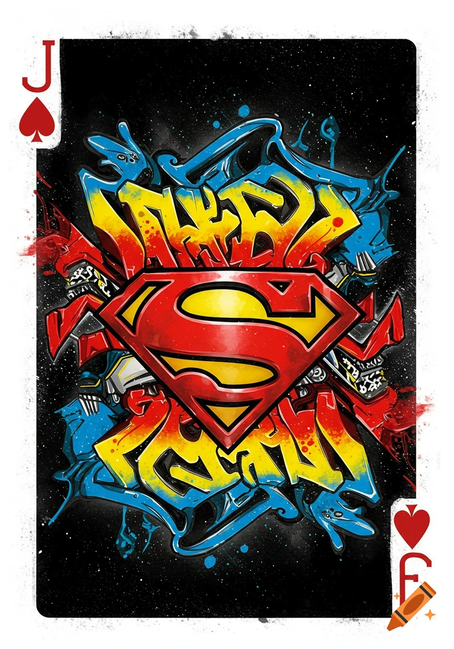 Jack of Spades playing card featuring the Superman logo surrounded by colorful graffiti that reads 'Superman'.