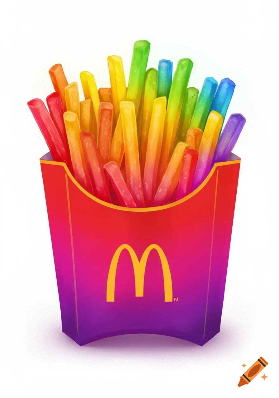 Rainbow colored french fries in a red and purple McDonald's box.