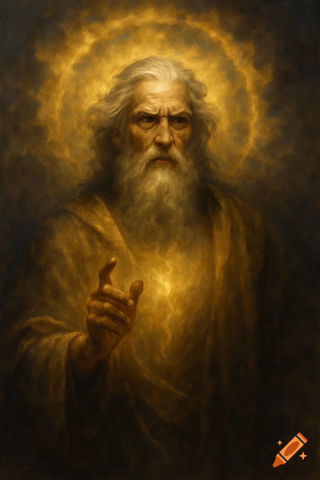 Painting of a bearded old man with a golden halo pointing forward