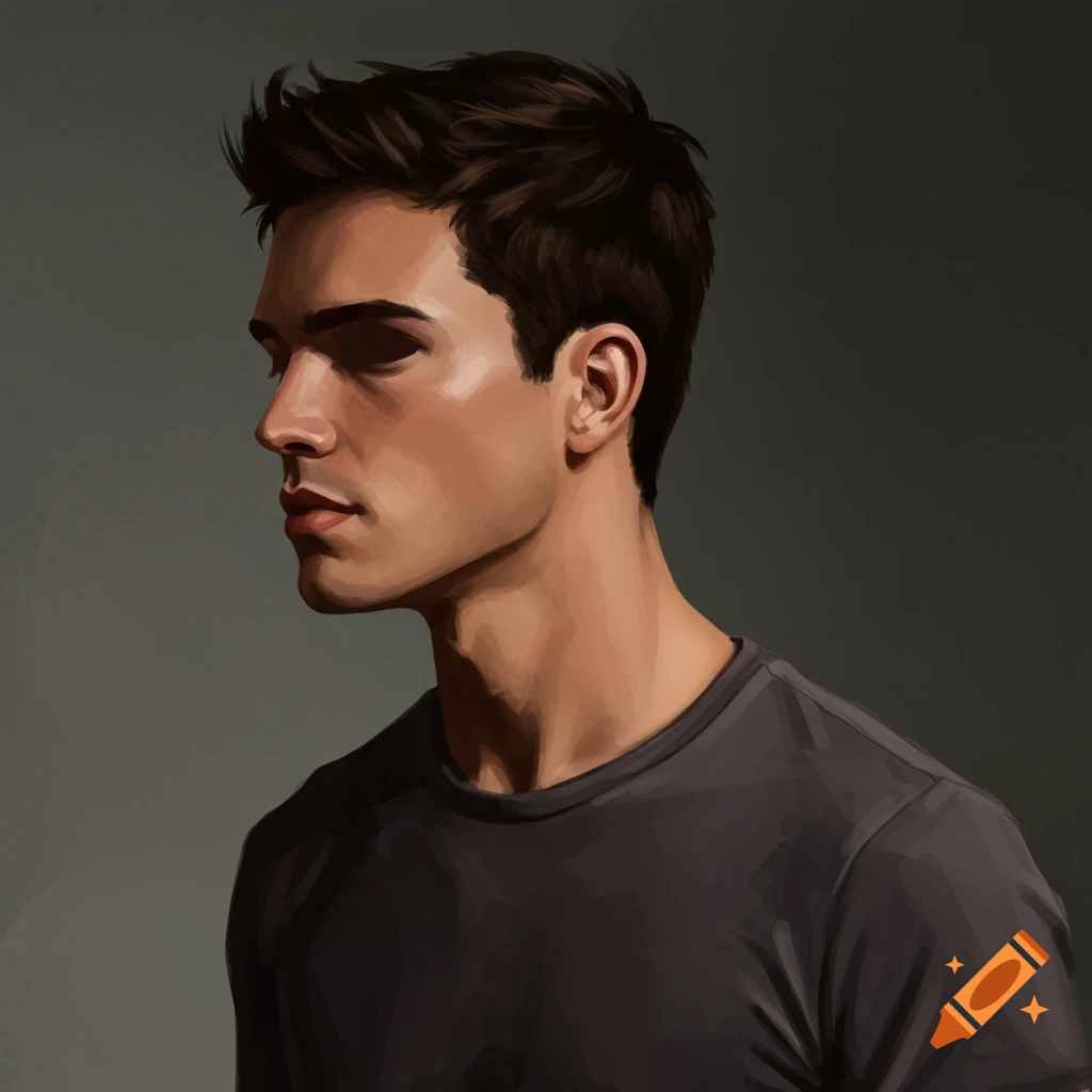 Digital painting of a man's profile in a dark t-shirt, looking left with his face partially shadowed.
