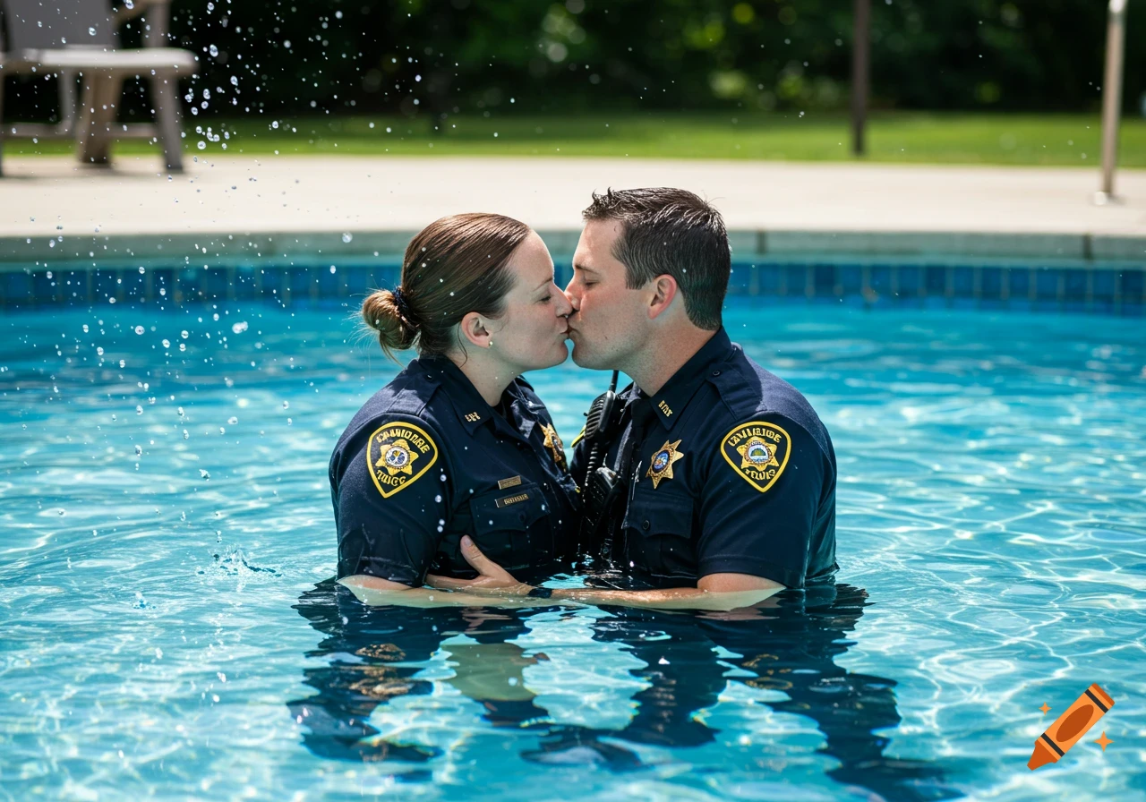 Two police officers in uniform kiss while standing in a swimming pool. Photorealistic.