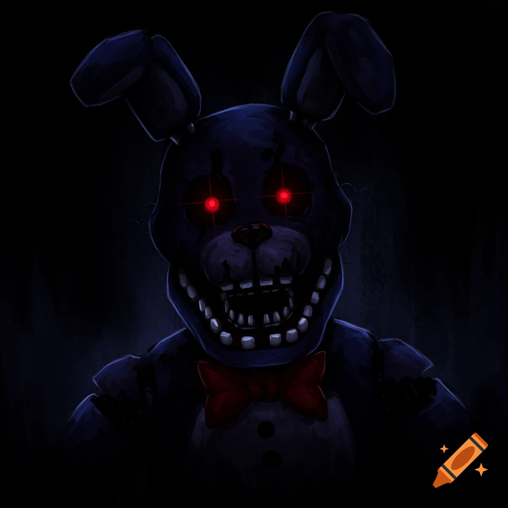 A scary purple animatronic rabbit character from FNAF with glowing red eyes looks out of the dark.