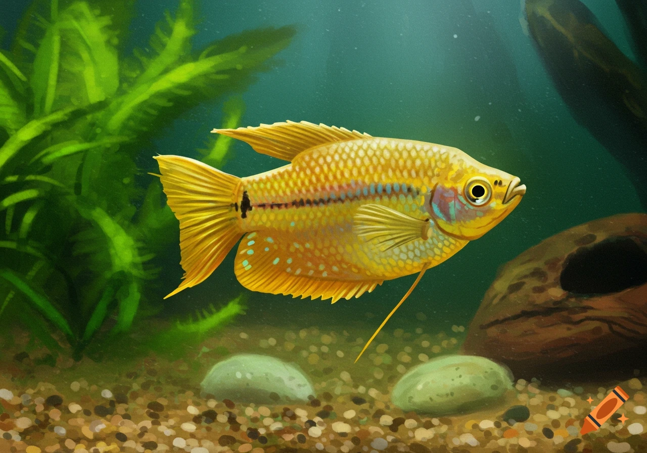 Digital painting of a honey gourami fish swimming in an aquarium.