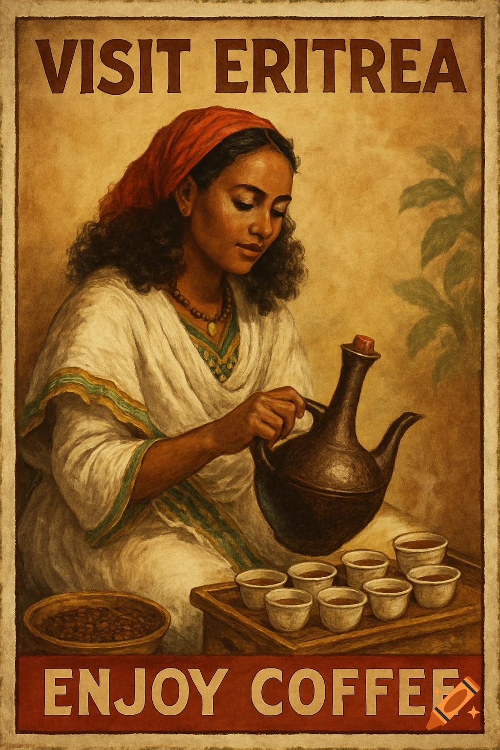 Vintage poster of an Eritrean woman making coffee.