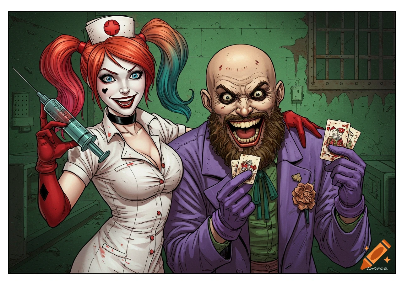 Cartoon illustration of Harley Quinn in a nurse outfit holding a syringe with Joker holding playing cards in an asylum cell.