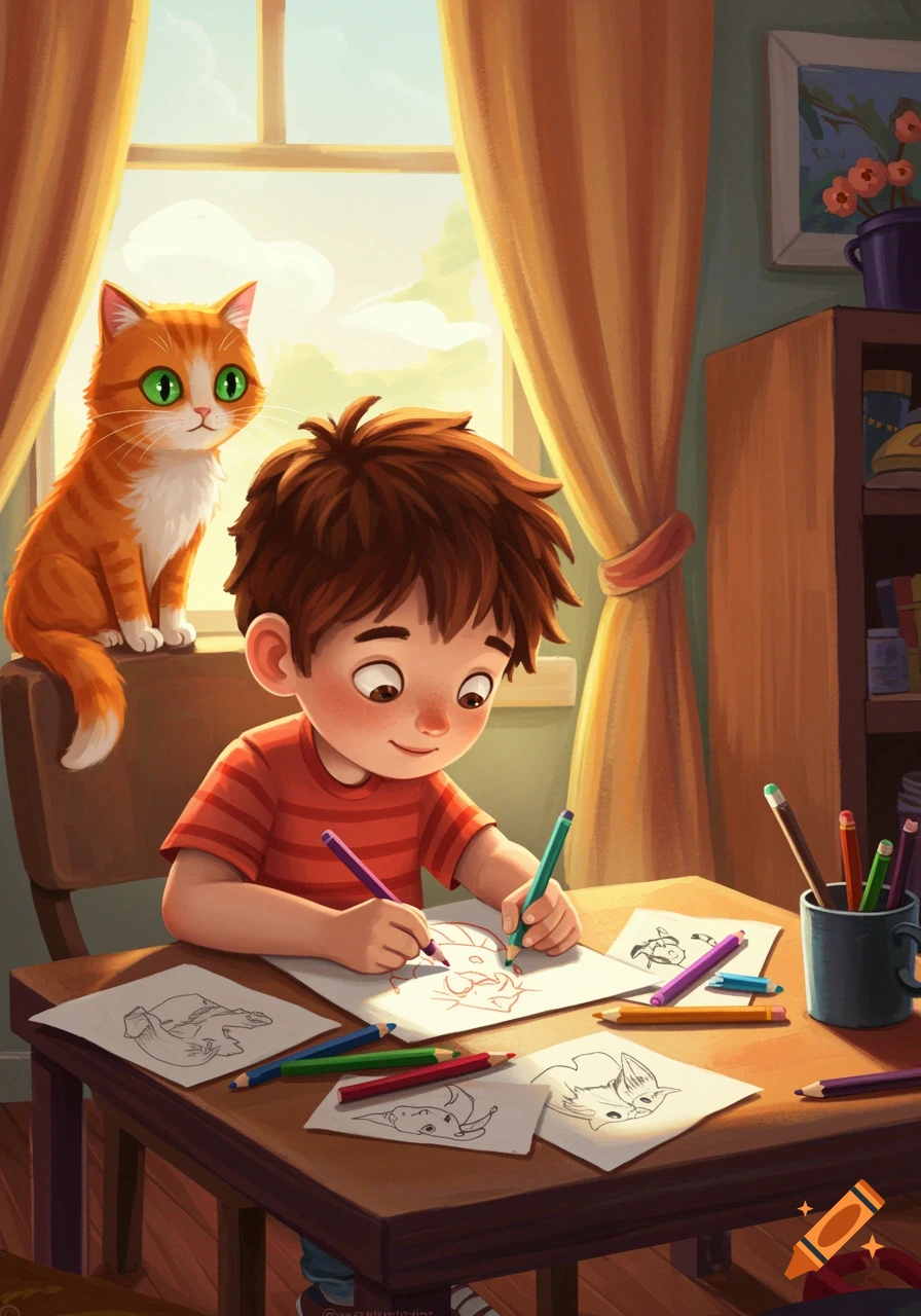 Illustration of a boy drawing at a table with a cat watching from the window sill.