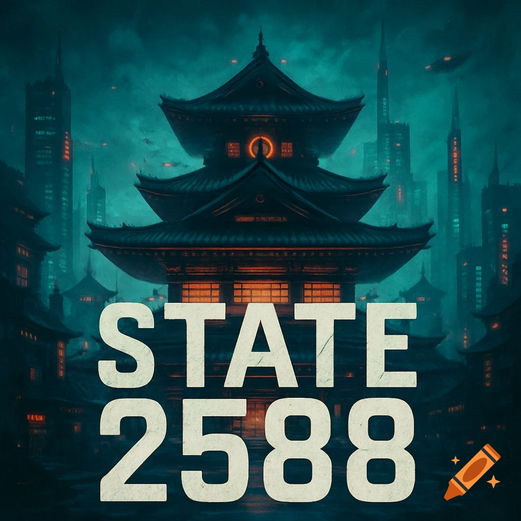 Text 'STATE 2588' over a futuristic Japanese temple and city skyline.