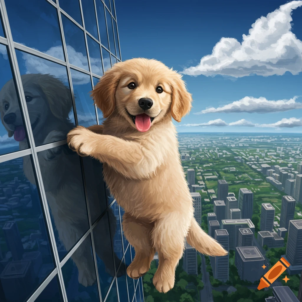 A cute golden retriever puppy hangs onto the side of a glass skyscraper, overlooking a vast city skyline.