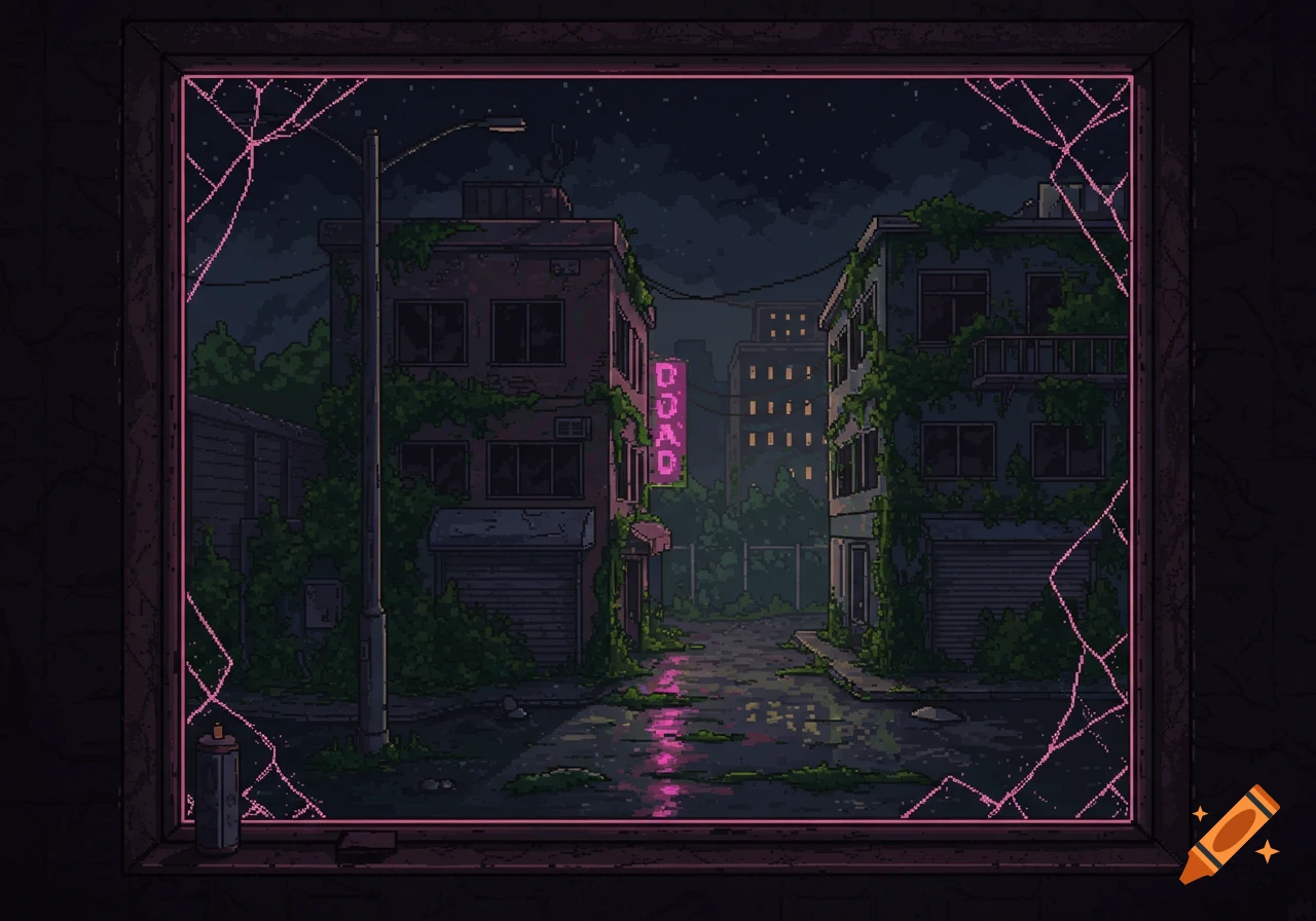 Pixel art view of an abandoned city street from a window at night