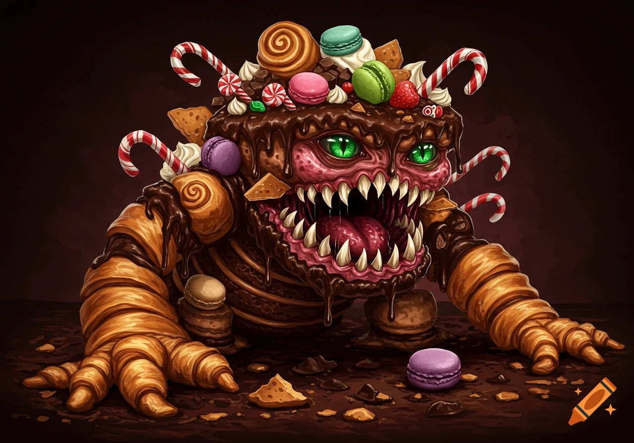 A creepy monster made of cake, pastries, chocolate, and candy with sharp teeth and croissant limbs.