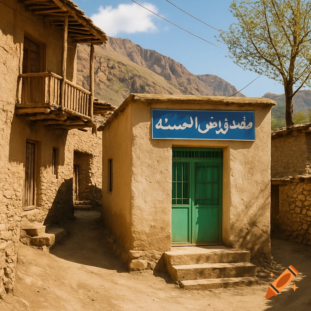 Photorealistic image of a building with a blue sign and green door in a mountain village