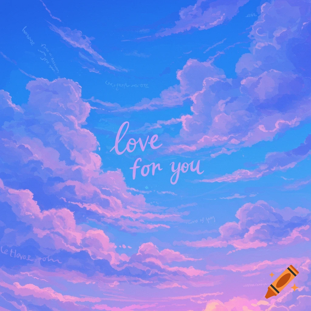 Blue and purple sky with pink clouds and the text "love for you"