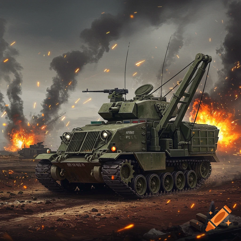 Military recovery vehicle in a battlefield with explosions and smoke