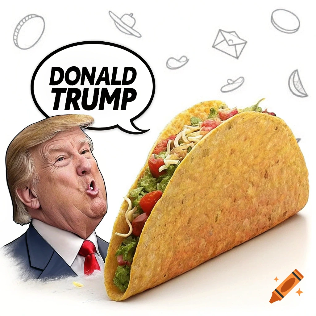 Caricature of Donald Trump's head next to a taco with 'DONALD TRUMP' in a speech bubble.