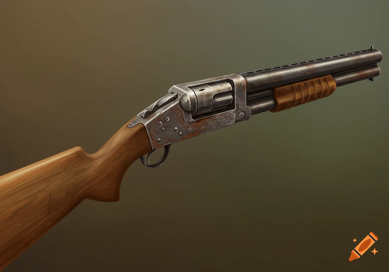 A close-up illustration of a weathered double-barreled shotgun with a revolver cylinder.