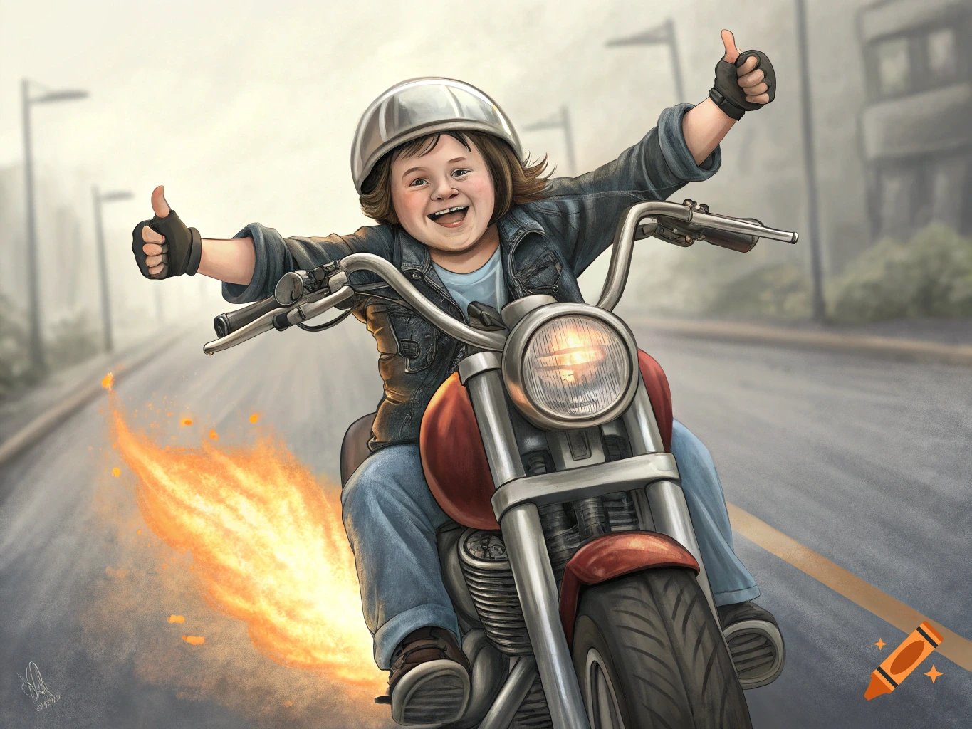 Happy child in helmet on motorcycle giving thumbs up, with flames from exhaust pipes.