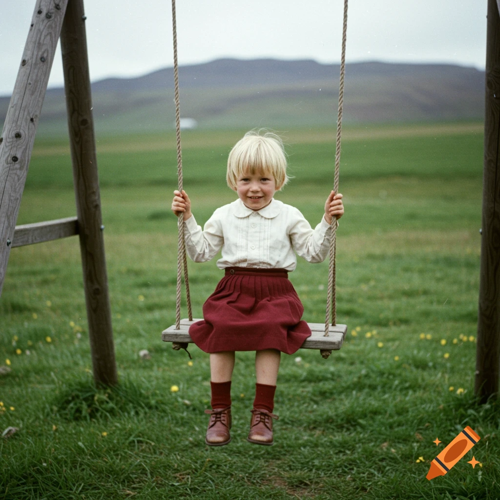 A blonde child sits on a wooden swing in a grassy field, wearing a skirt and shirt. Looks like a vintage photo.