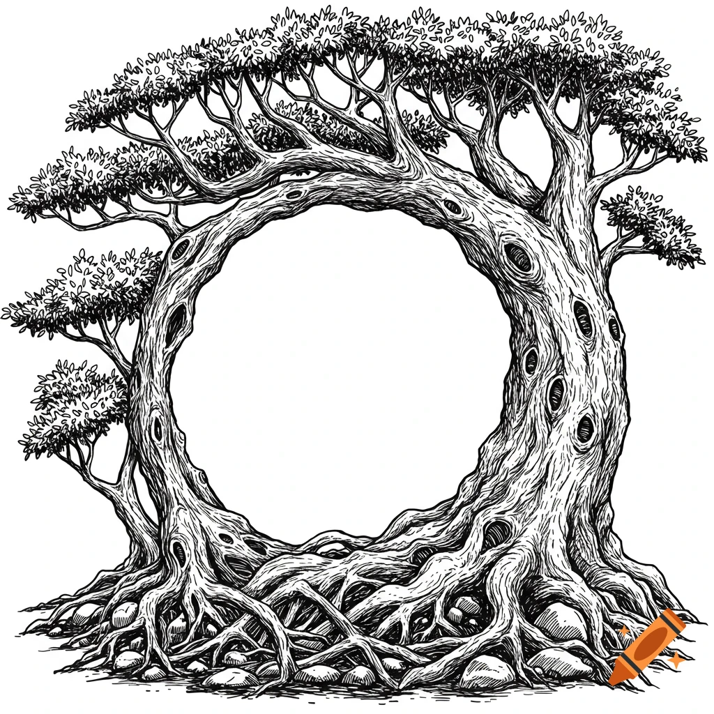Black and white line art illustration of a tree forming a circular frame with exposed roots and branches.