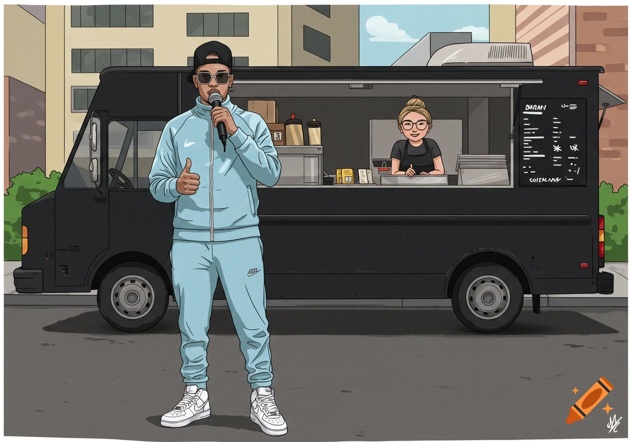 Cartoon of a man in a blue tracksuit with a microphone and thumbs up in front of a food truck. A woman is inside the truck. Street scene.