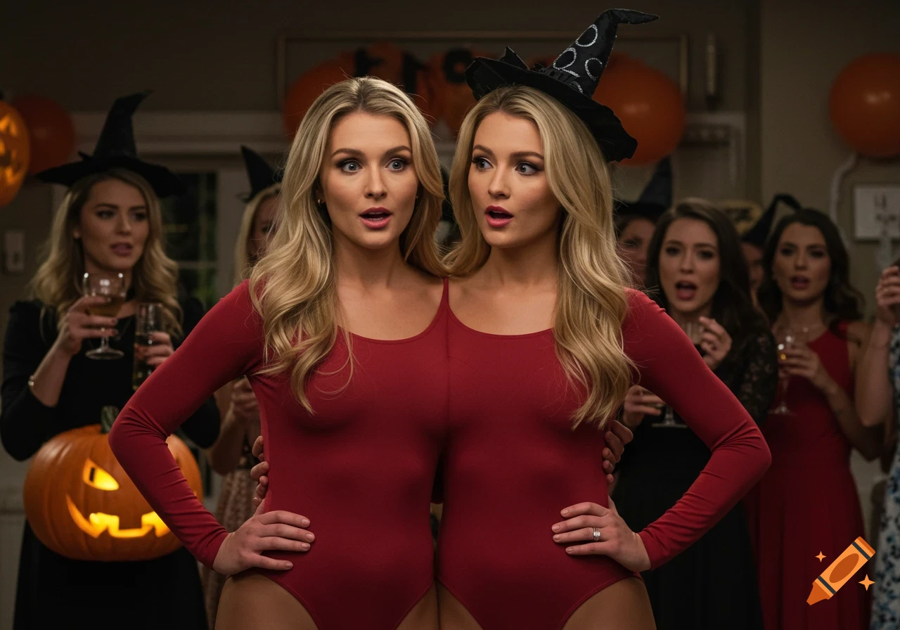 Two women sharing one body in a red costume and witch hats at a Halloween party