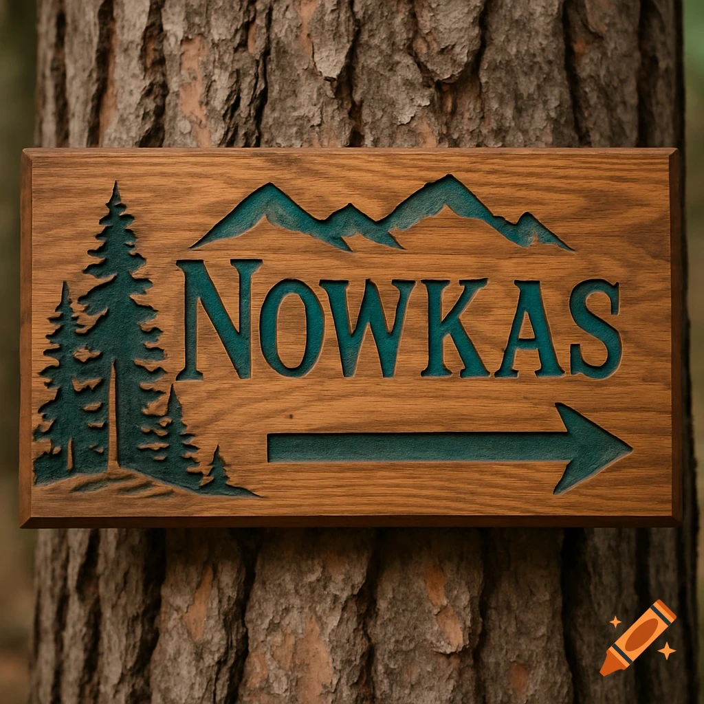 Rustic wooden sign with NOWKAS, mountains, trees, and arrow on a tree trunk