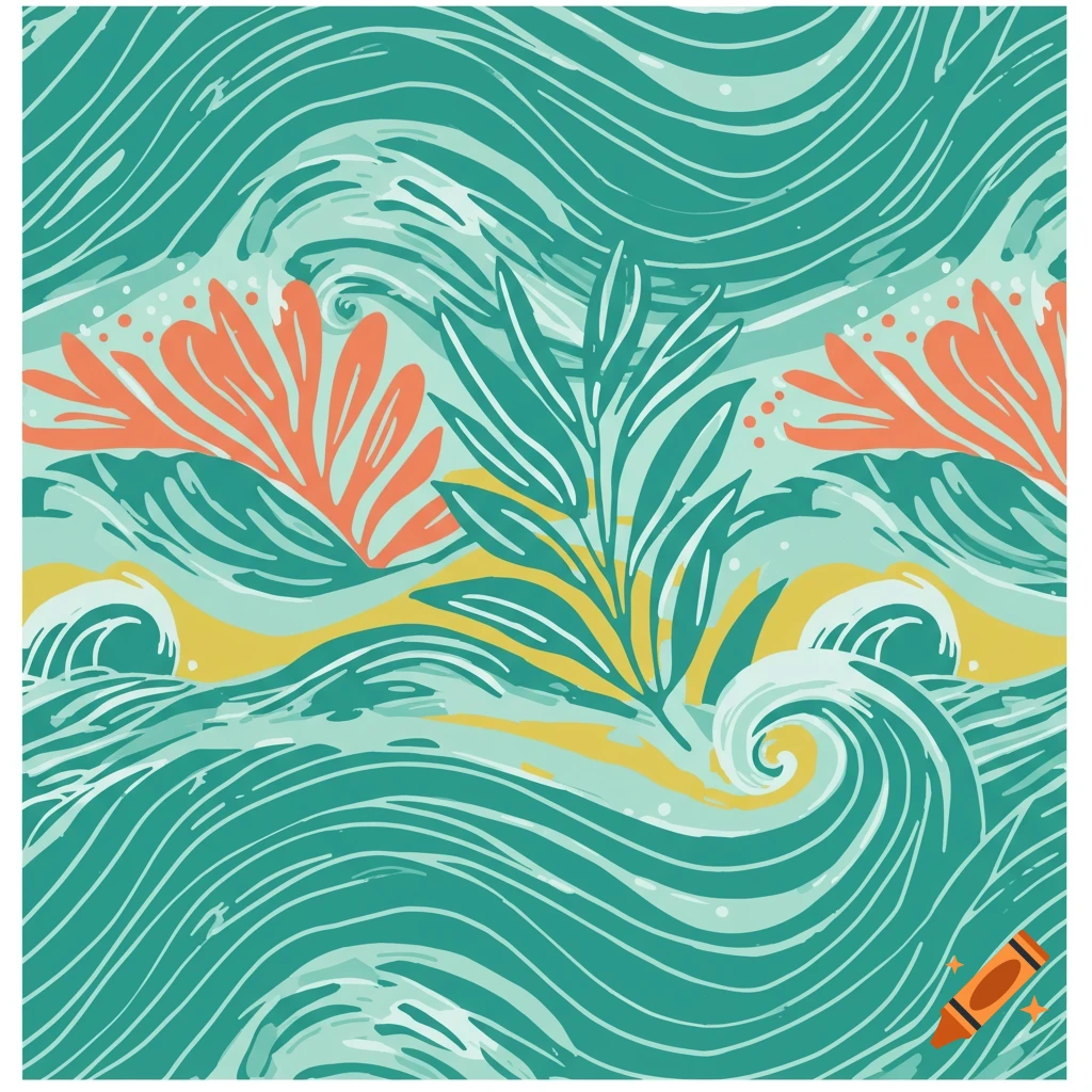 Stylized pattern of teal waves, orange coral, and green leaves on a light blue background.
