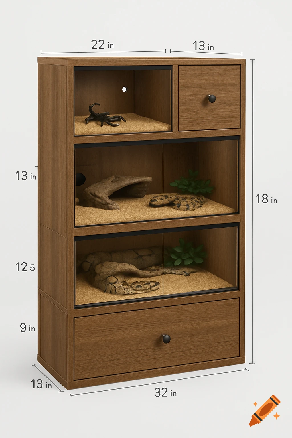 Wooden cabinet for pets with glass enclosures for snakes and a scorpion, and storage drawers, shown with dimension labels.
