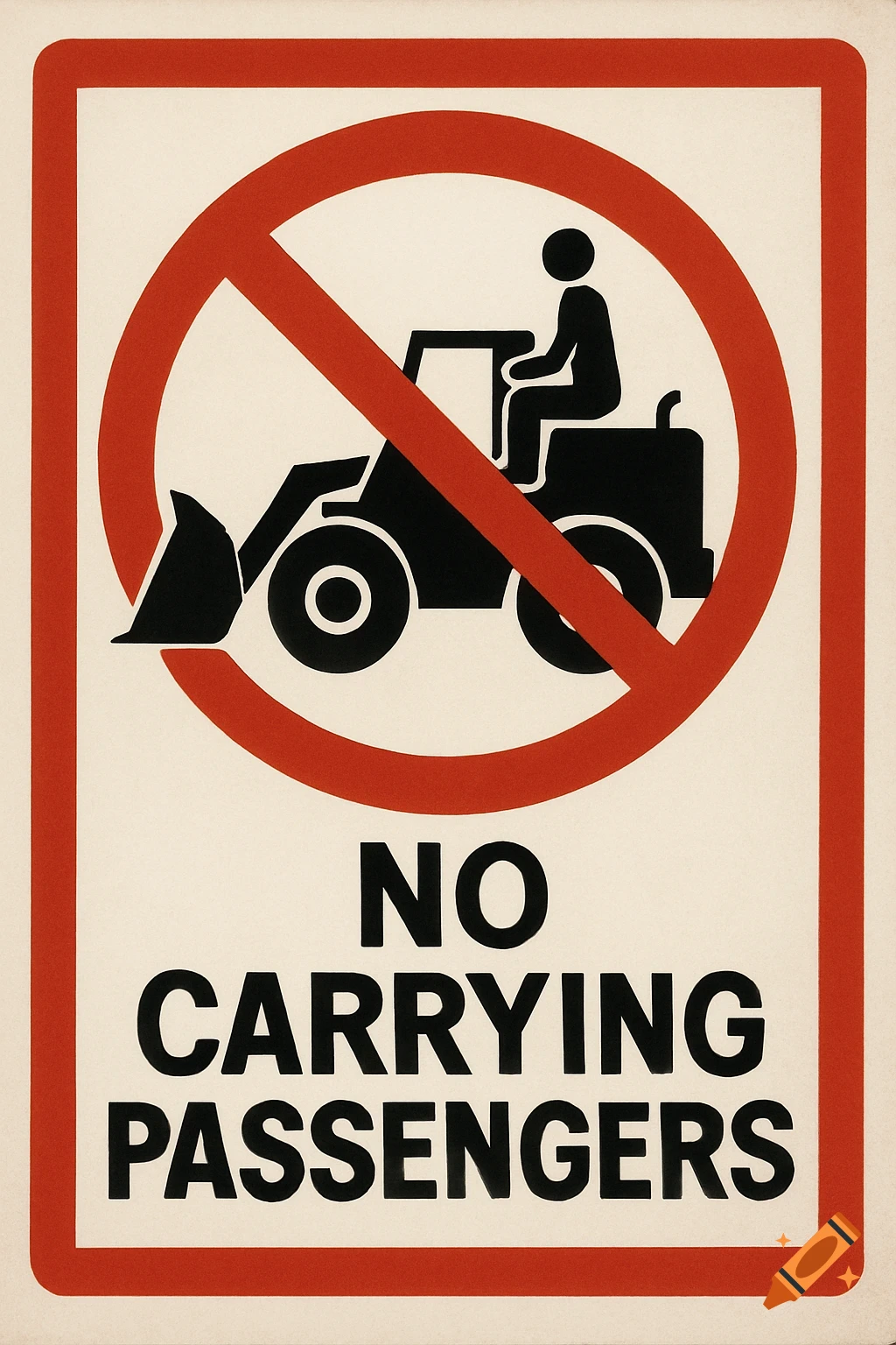 Safety sign prohibiting carrying passengers on a loader.