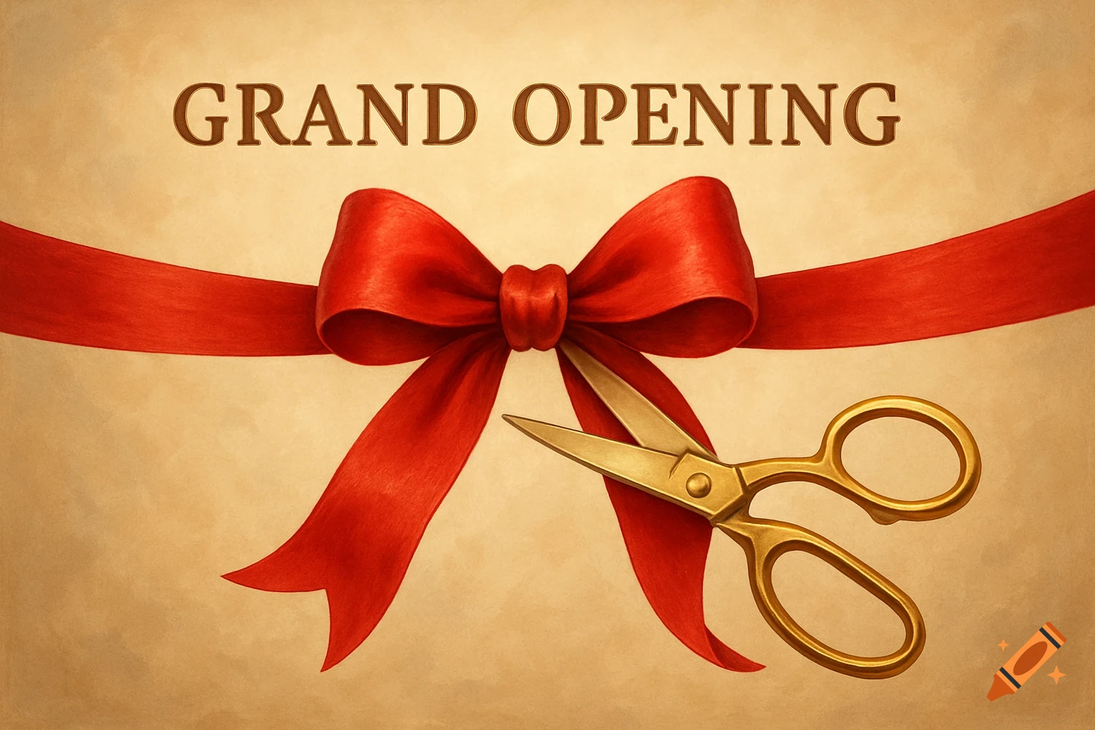 A red ribbon with a bow and gold scissors, below the words GRAND OPENING, on a textured background.