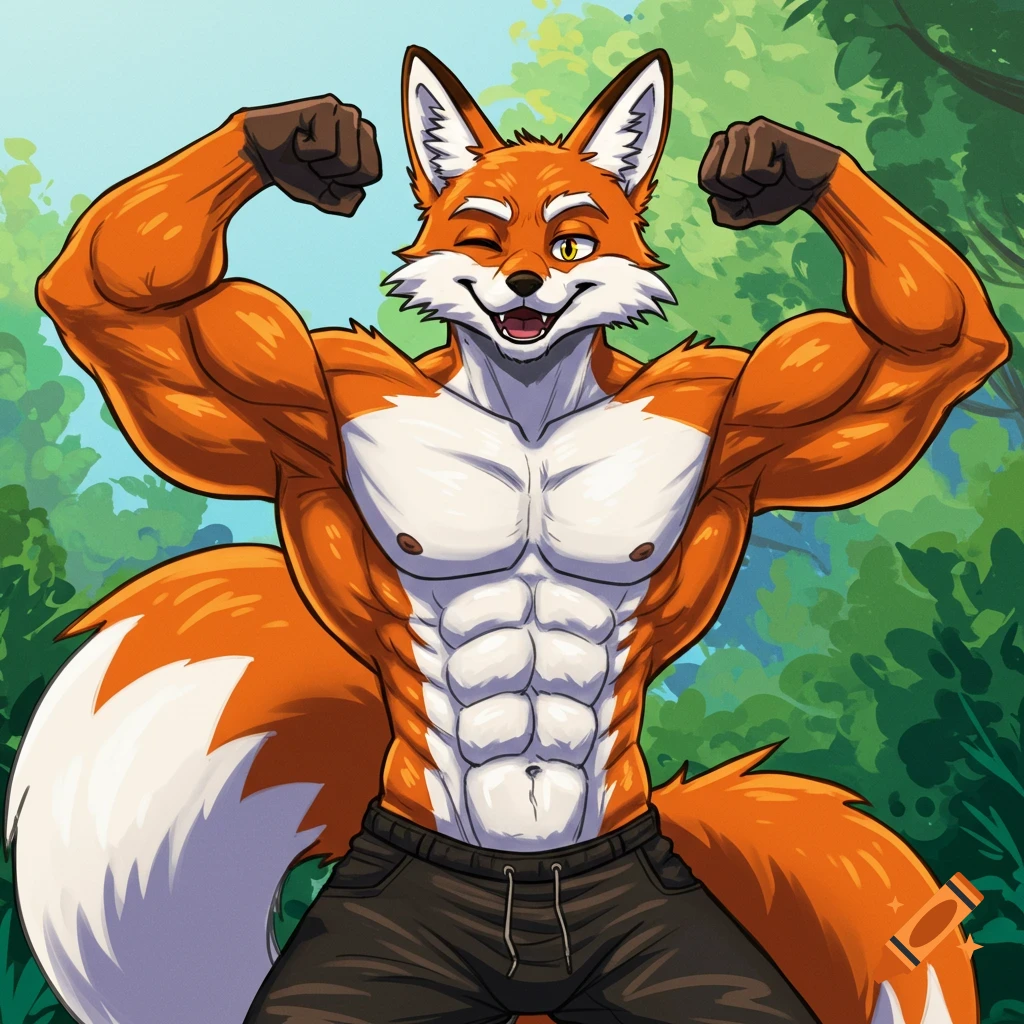 A muscular cartoon fox with abs flexes its biceps while winking, standing in a forest clearing.